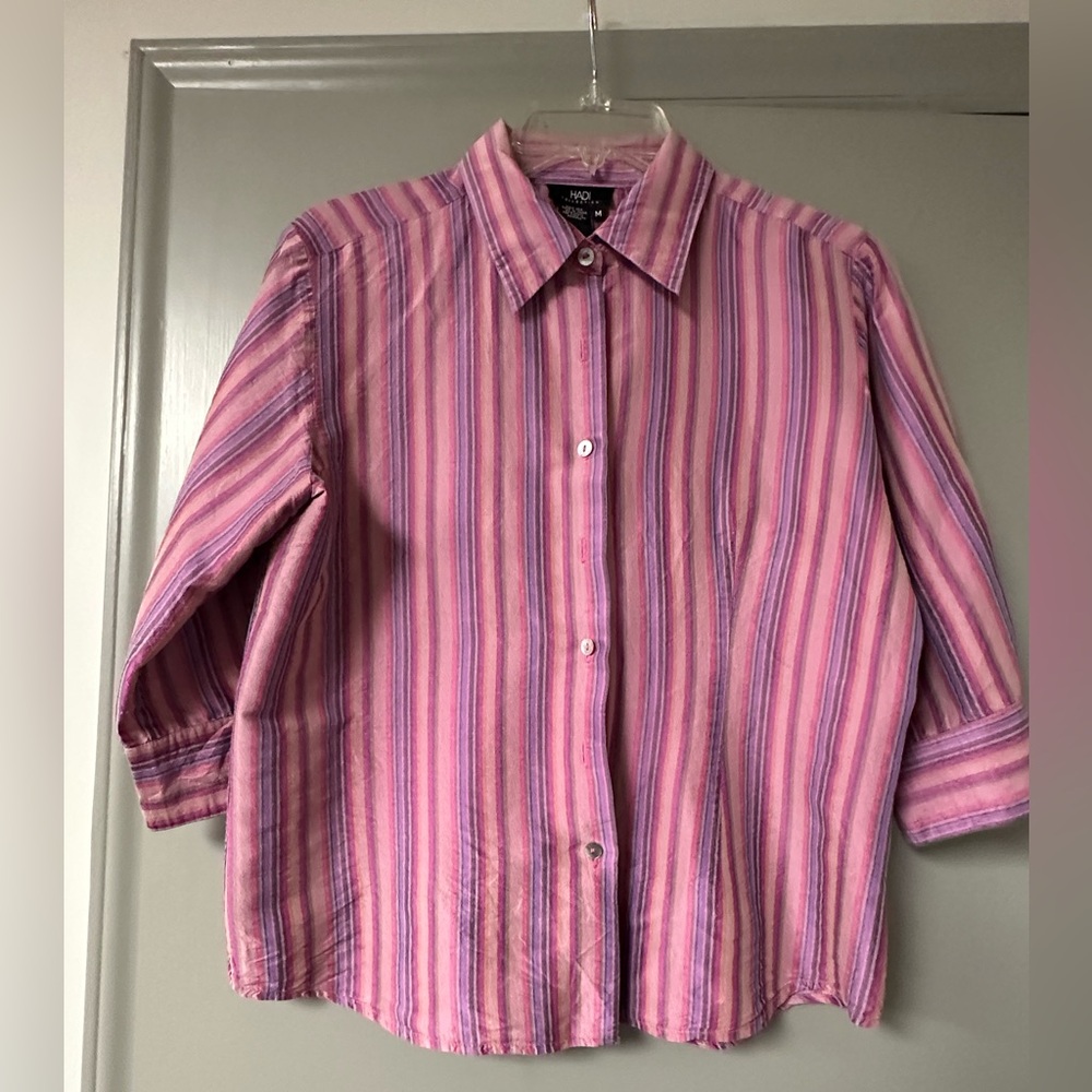 HADI Collection Pink Striped Button Down Shirt with Three Quarter Length Sleeves